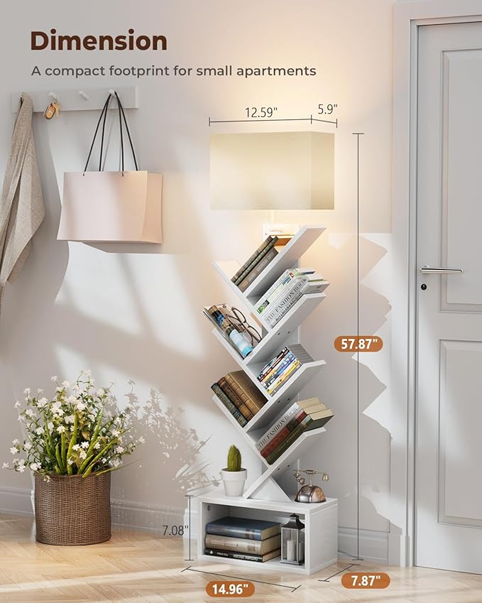 6 Tier Tree Bookshelf with Light, Narrow Bookcase Tower, Tall Floor Standing - Image 2