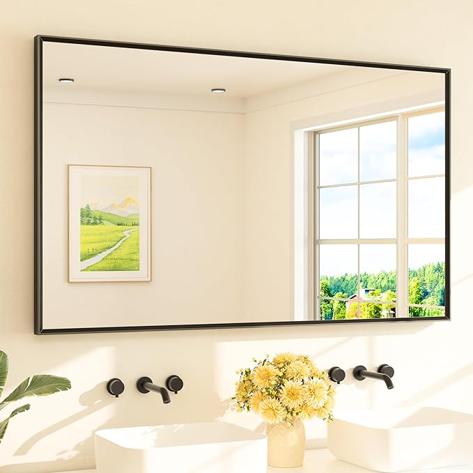 TETOTE Matte Black Beveled Framed Bathroom Mirror 60" x 36" Large Black by TETOTE