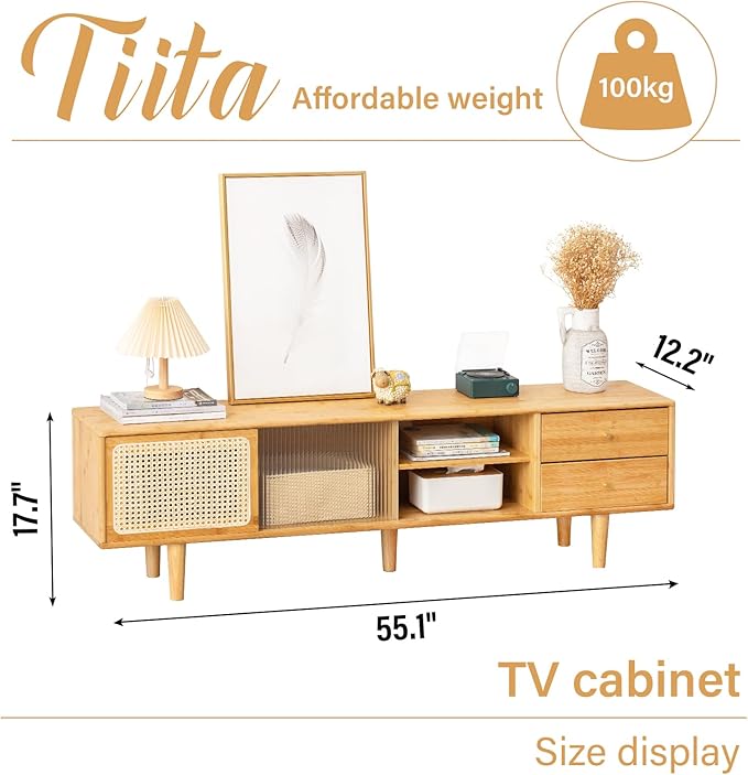 Tiita Rattan TV Stand for 55 60 Inch TV, Bamboo TV Cabinet - Image 3