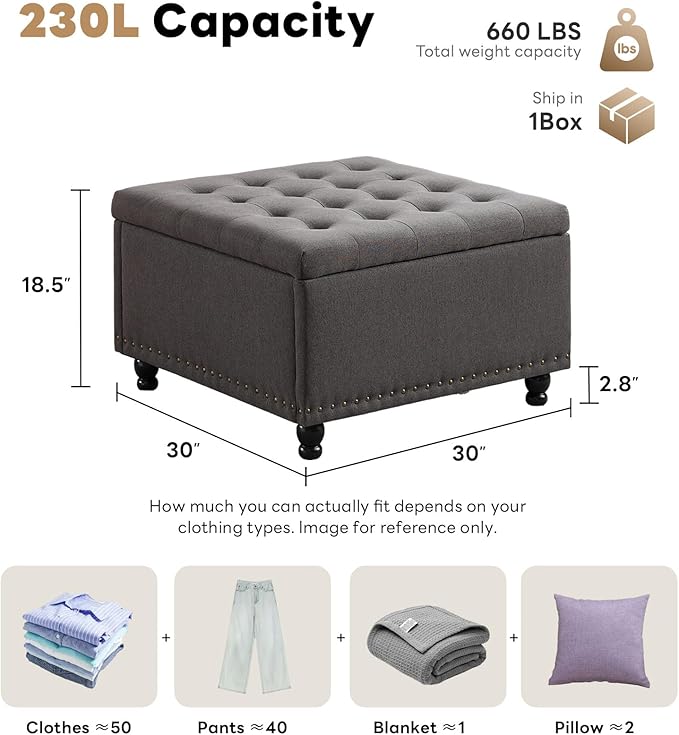 Tbfit Large Square Storage Ottoman Bench, Tufted Upholstered Coffee Table - Image 2