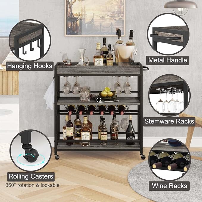 BON AUGURE Bar Cart, Home Bar Serving Cart on Wheels, Mobile 3 Tier Liquor - Image 3