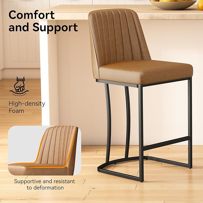 Counter Height Bar Stools Set of 2, Upholstered Leather Barrel Barstools - Image 4