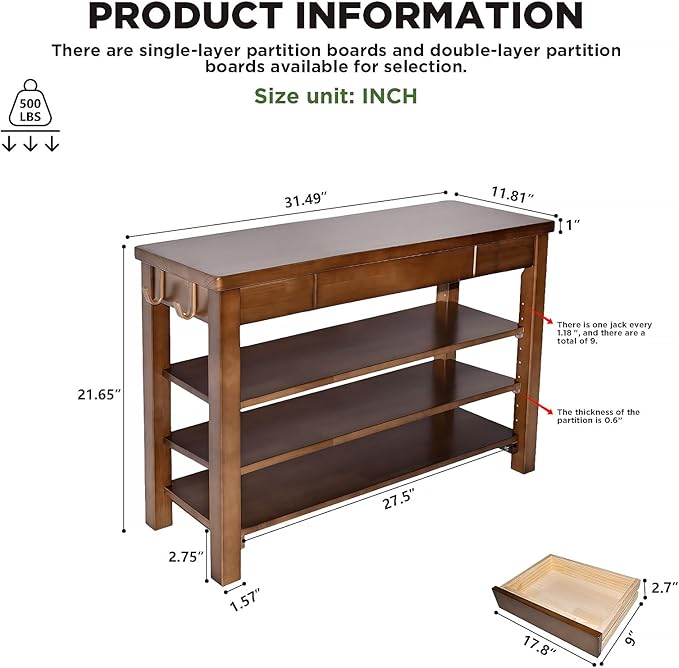 Wood Shoe Bench Entryway with Drawer: 3-Tiers Wooden Storage Shoe Rack with - Image 2