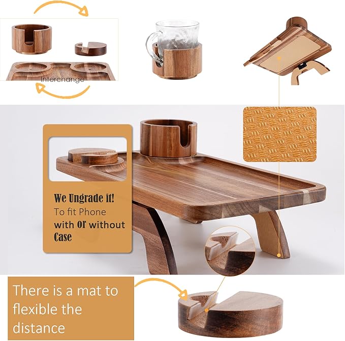 Nnewvante Couch Cup Holder Tray, 3 in 1 Large 15.36"x9.85" Acacia Wood Sofa Arm - Image 7