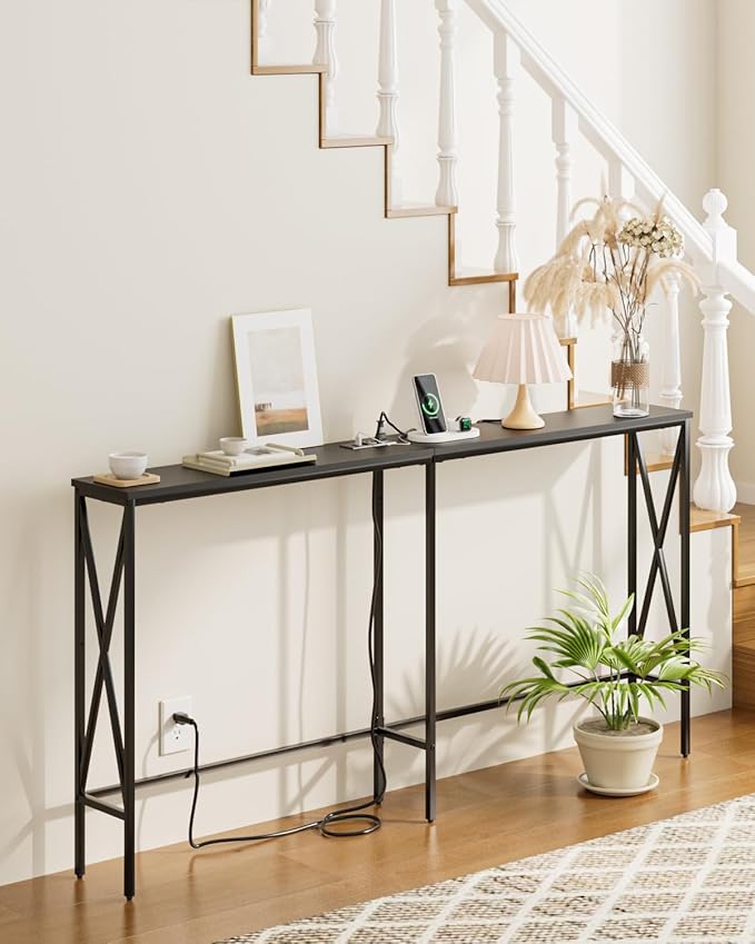 Masupu 63" Console Table with Power Outlet, Modern Narrow Long Sofa Table - Image 2