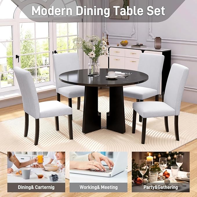 Merax 5-Piece Round Dining Table Set, Modern 4 Upholstered Chairs - Image 5