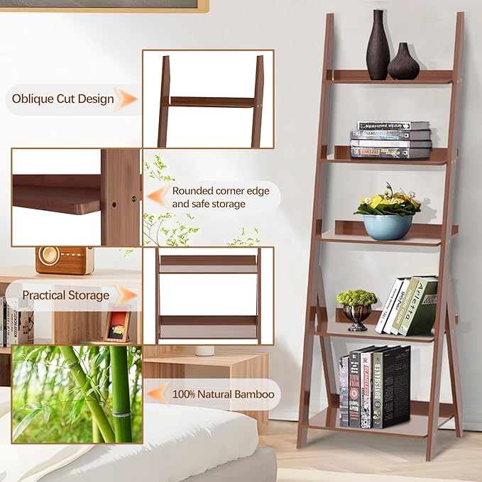DOUSY-5-Tier Ladder Shelf Bookcase, Bamboo Ladder Bookshelf Leaning Book Shelf - Image 4
