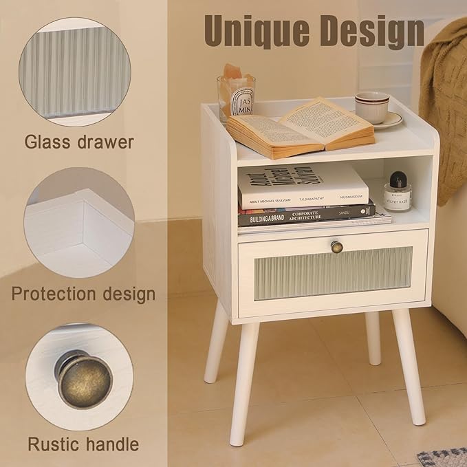 AWASEN White Nightstand with Charging Station, Modern Bedside Table with Glass - Image 4