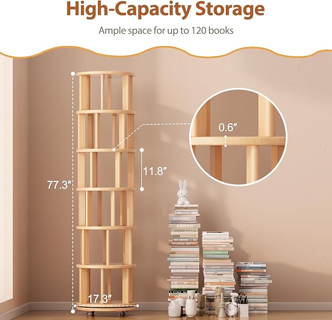 Solid Wood Rotating Bookshelf on Wheels, 6 Tier, Round Revolving Bookcase - Image 2