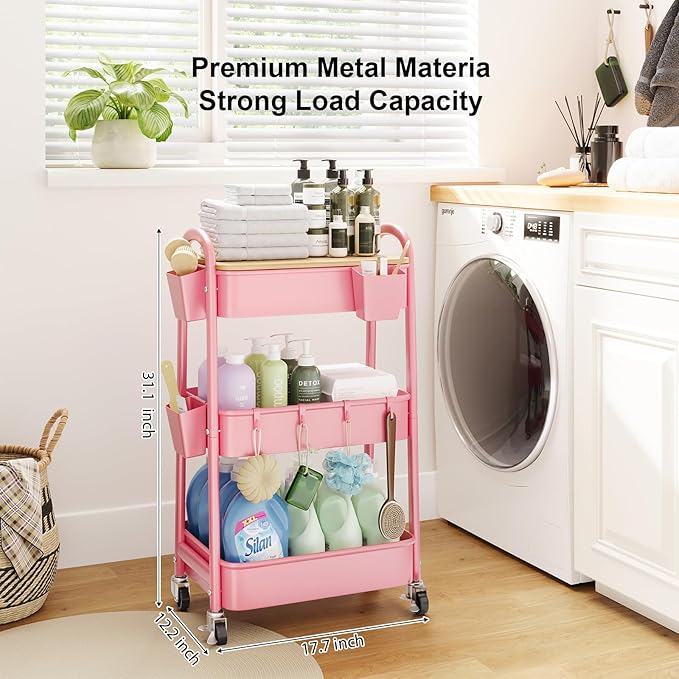 3 Tier Rolling Cart Metal with Wheels & Table Top, Three Tiered Craft Cart - Image 4