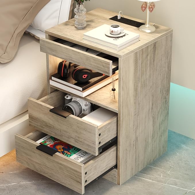 Gadroad LED Nightstand with Charging Station, Bedside Table with 3 Drawers and by Gadroad