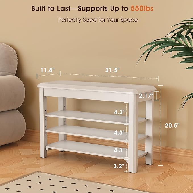 Shoe Rack Bench Seat Rubberwood 3-Tier Wooden Storage Bench 550lbs Compact - Image 2