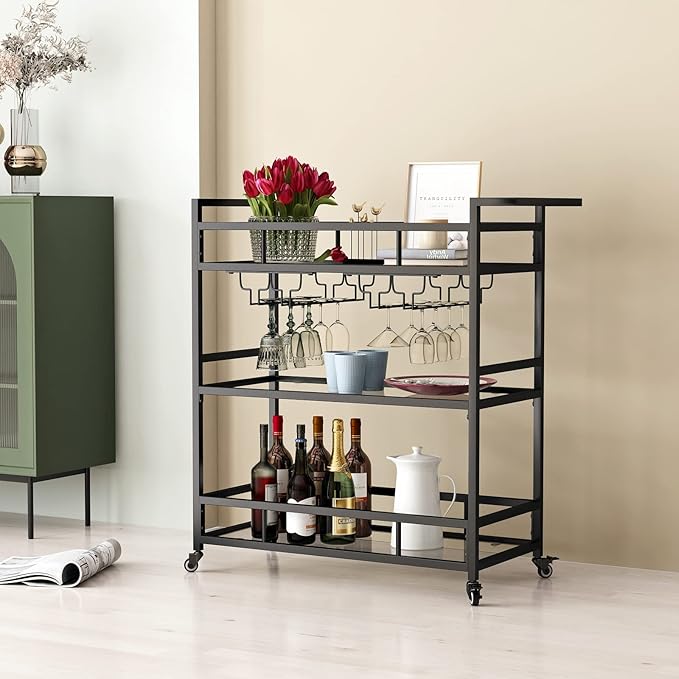 Black Metal Bar Carts with 3 Tier Glass Shelves, Rolling Serving Bar Cart with - Image 7