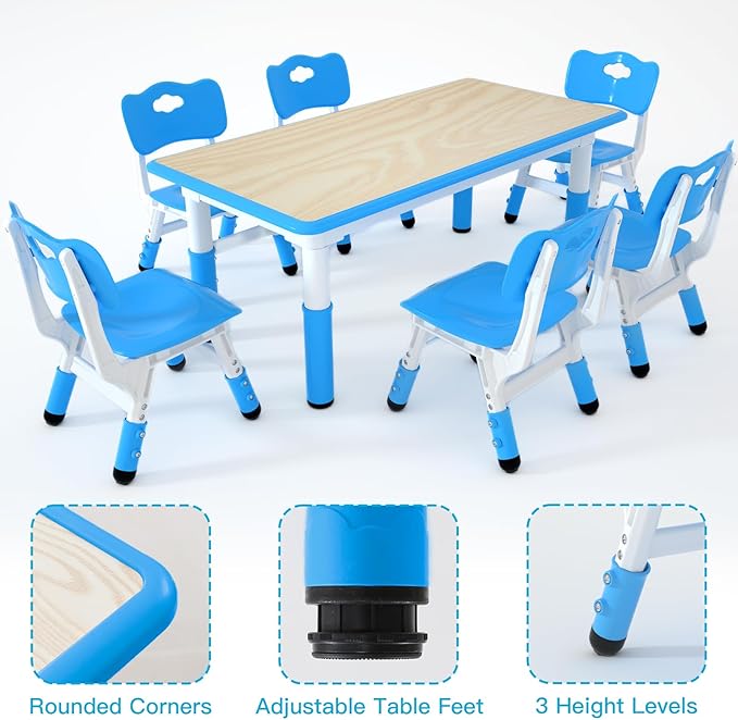 Kids Table and 6 Chairs Set，Height Adjustable Children Table & Chair，Toddlers - Image 3