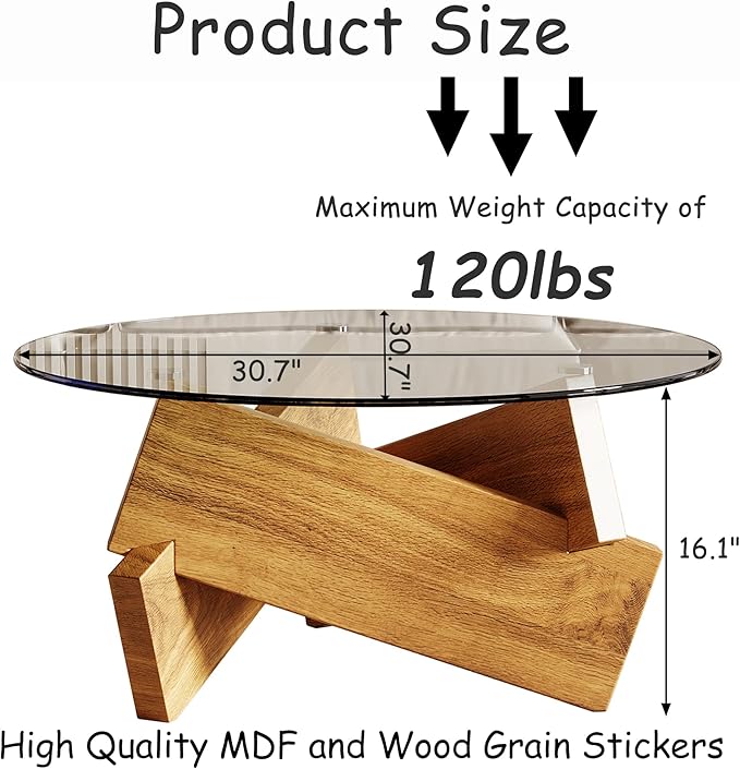 Honyee Morden Rounded Coffee Table, 30.7" x 30.7" x 16.1" Tempered Glass Top - Image 2