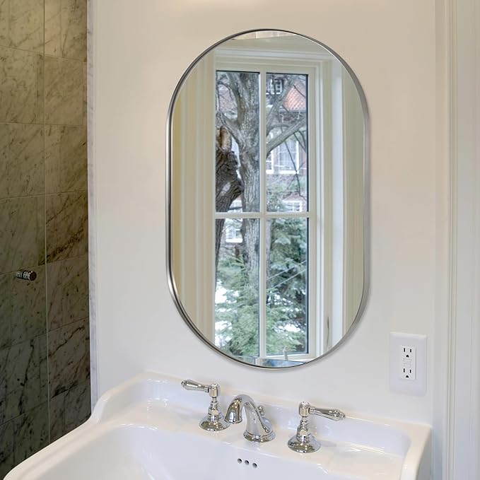 ANDY STAR Brushed Nickel Oval Bathroom Mirror, 24x36 Nickel Pill-Shaped Mirror - Image 8