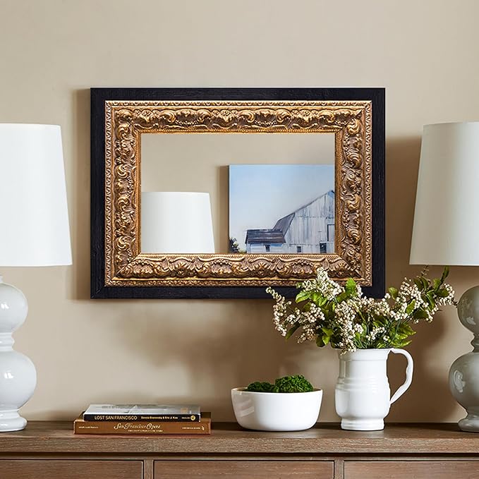 Small French Antique Mirror, 14”x11” Black Vintage Table Mirror - Image 4