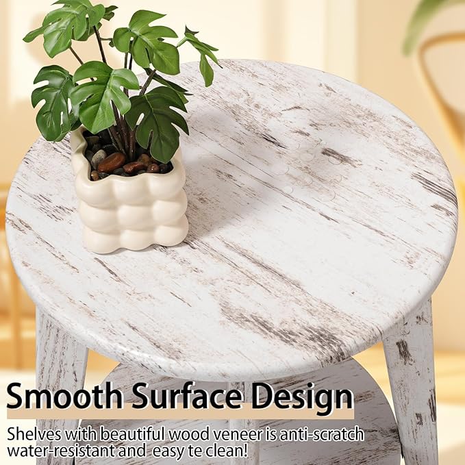 Farmhouse Round Side Table Rustic White Wooden End Table - Image 8
