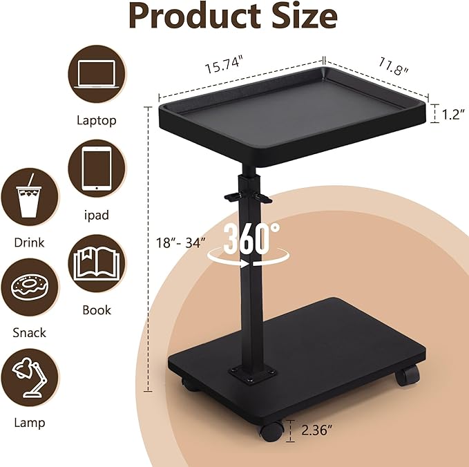 Aoligrace C Shaped End Table Adjustable Height, 360° Swivel Side Table - Image 2