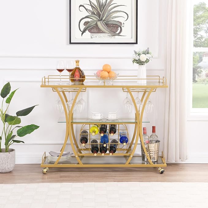 Gold Bar Carts with Glass Holders & Wine Rack, 3 Tier Home Bar Serving Carts - Image 5