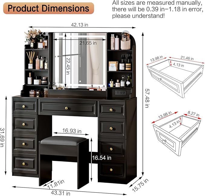 42" Makeup Vanity Desk with Mirror and Lights, & Power Outl, Glass Top Big - Image 3