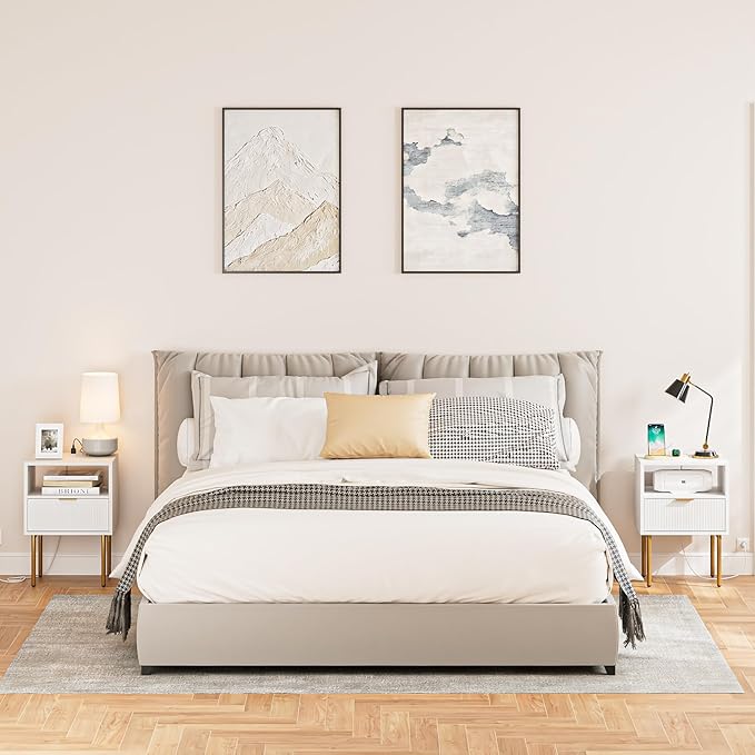 Nightstand with Charging Station, Morden Bedside Table with Gold Frame - Image 8