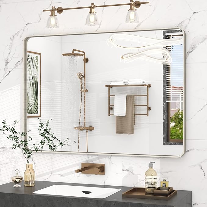 48x36 Inch Brushed Nickel Bathroom Mirror, Brushed Silver Metal Framed Wall by VANLIOBathroomMirror