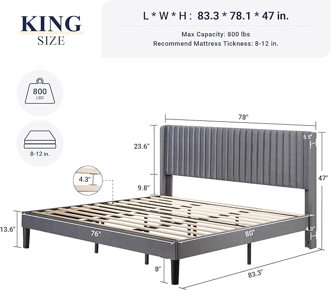Allewie King Size Velvet Bed Frame/Vertical Channel Tufted Wingback - Image 2