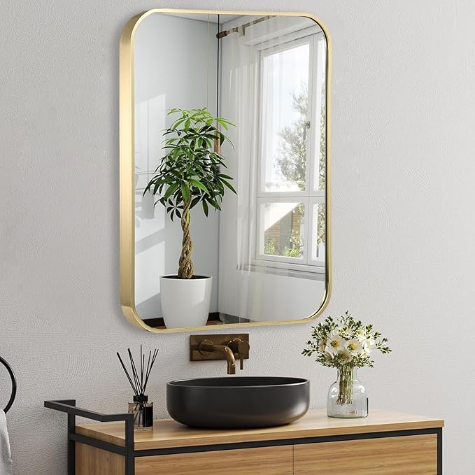 16x20 Inch Gold Bathroom Mirror, Brushed Brass Gold Metal Framed Rectangular - Image 2