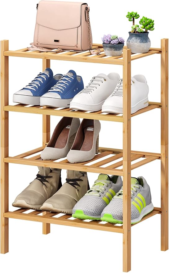 Small Shoe Rack, 4-Tier Rack for Entryway, Bamboo Wood Shoe Shelf for Closet & by VIEWCARE