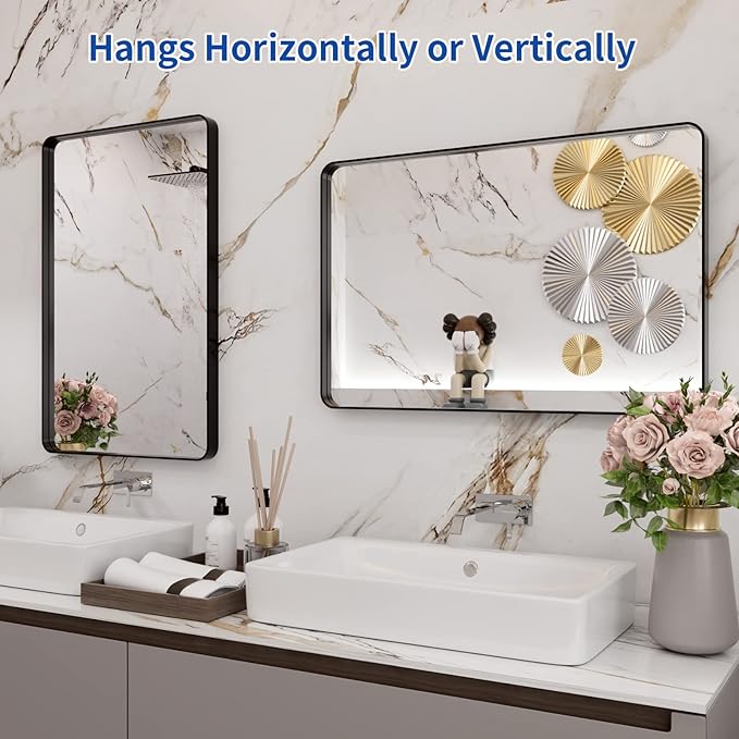 WEER Black Bathroom Mirror 20X30 Inch, Rectangular Matte Black Metal Framed - Image 5