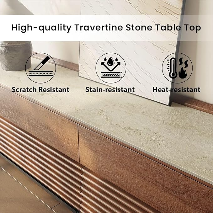POVISON Fully-Assembled Mid Century Glossy Sintered Stone TV Stand, 118.11" - Image 4