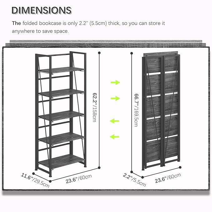 4NM No Assembly Folding Bookshelf, 5-Shelf 62.2" H Collapsible Foldable - Image 2