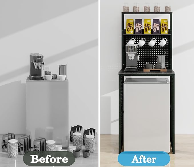 Mini Fridge Stand Shelf with Storage, Bakers Rack Coffee Bar Table Microwave - Image 4