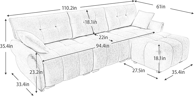Modern Chenille Fabric 3-Seat Sofa w/Ottoman+2 Pillows, Premium Upholstery - Image 2