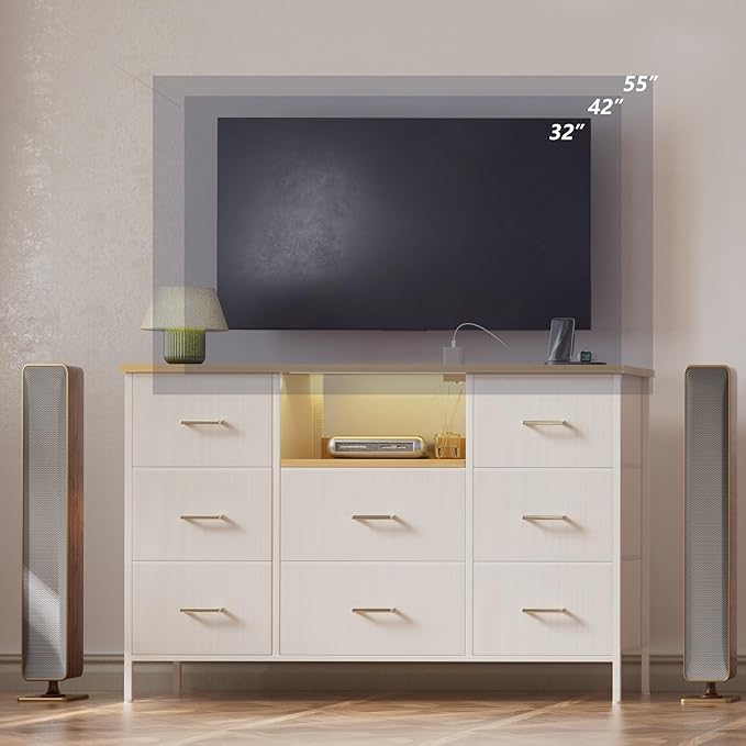 White Dresser with LED Lights and Power Outlets, Dresser TV Stand with 8 Drawers - Image 6
