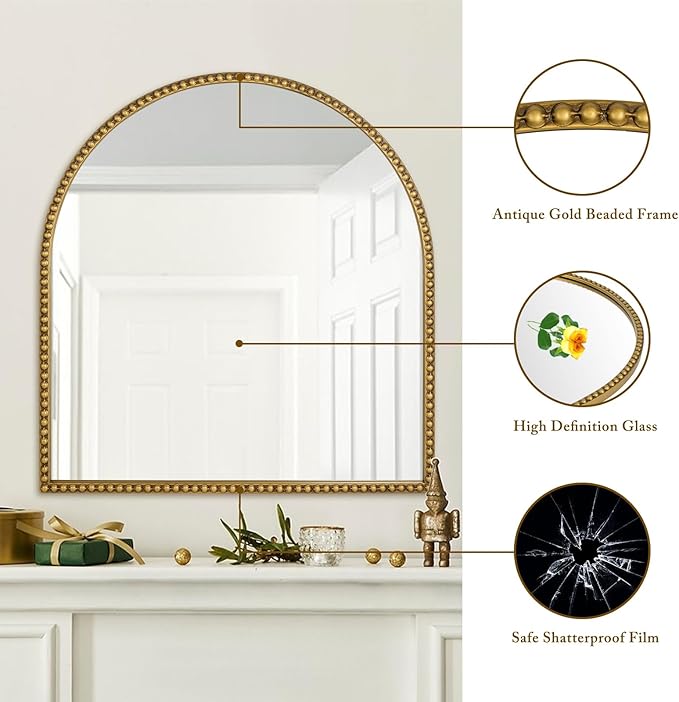 33x31 Inch Arched Bathroom Mirror, Antique Gold Wall Mirror Metal Beaded Frame - Image 3
