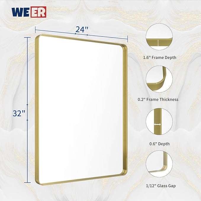WEER Gold Bathroom Mirror, 24X32 Inch Brushed Gold Metal Frame Mirror, Rounded - Image 6