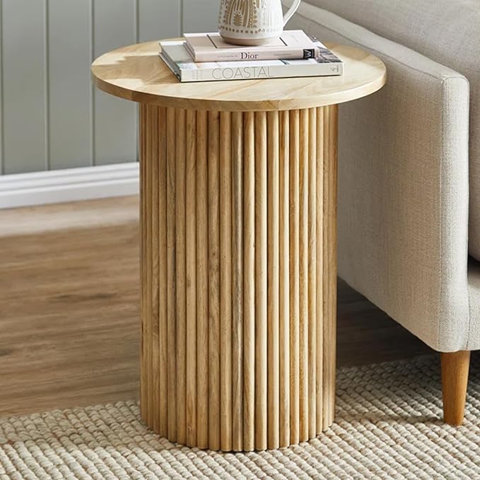 Solid Wood End Table Round 16.93" D, Wooden Accent Drum End Table, Unique Oak by THKSHOUZVintageFurniture