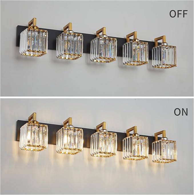 Modern Bathroom Vanity Light 5-Lights Black Gold Crystal Wall Lamp Bathroom - Image 4