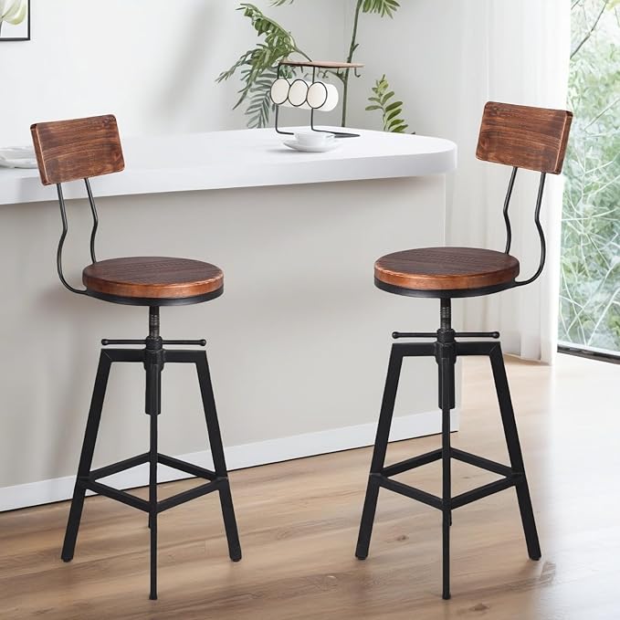 Industrial Bar Stools with Wood Backrest 25-32inch Height Adjustable Kitchen by BOKKOLIK