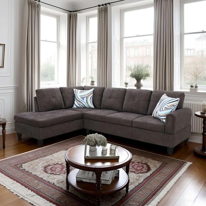 Dark Brown L-Shaped 3-Piece Flannel Sofa - Image 8