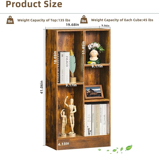 LEYAOYAO 5 Cube Mid-Century Modern Brown Wood Bookcase, 3 Tier Storage - Image 2