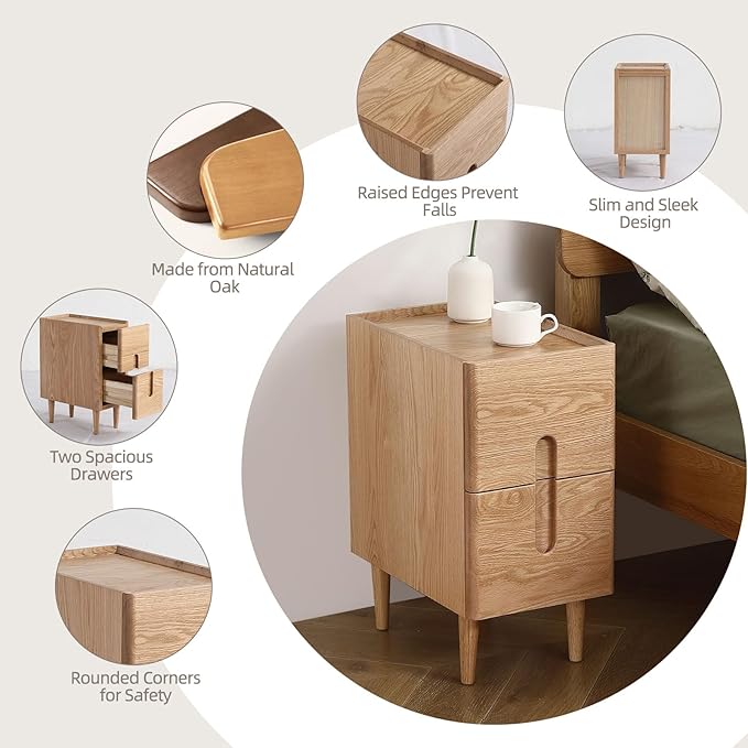 Solid Wood Bedside Table Nightstands, Slim Narrow Oak Real Wooden Mid-Century - Image 3