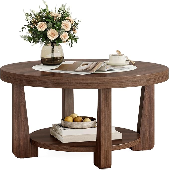LITTLE TREE Modern Round Coffee Table, 2-Tier Wood Coffee Table - Image 6