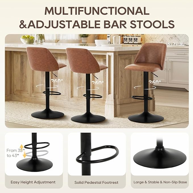 COLAMY Bar Stools Set of 2, Modern Swivel Bar Chairs, Adjustable PU Leather - Image 4