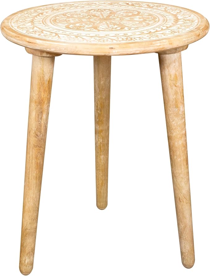 Wooden Table with 3 Legs Pillar, Carving End Tables, Round Coffee Tables - Image 6
