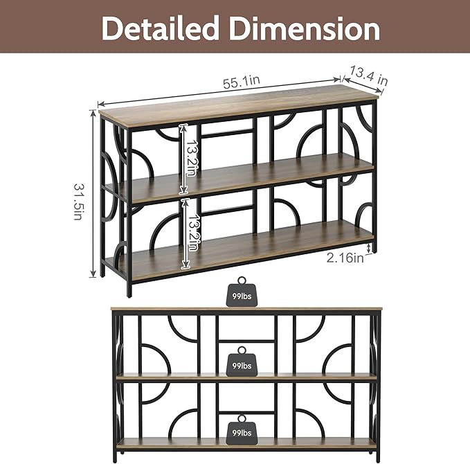 55'' Industrial Sofa Table, 3-Tier Storage Console Table - Image 2