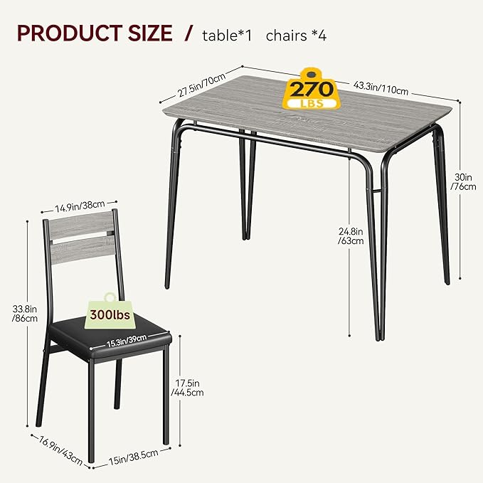 5 Piece Dining Table Set for 4, Compact Square Table Chairs, Sturdy MDF Top - Image 2