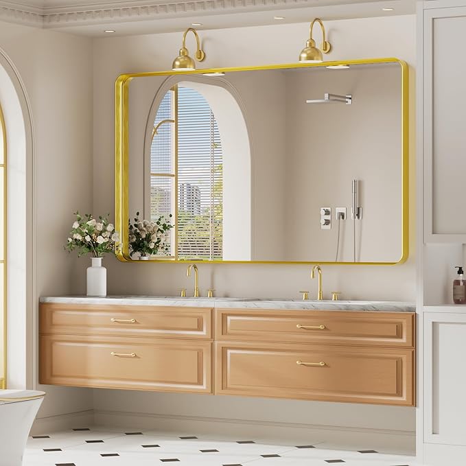 Koonmi Gold Wall Mirror for Bathroom, 36x60 Inch Matte Deep Framed Rounded - Image 6
